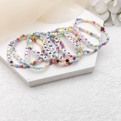 Boheems Gekleurde Kralen Armband Voor Kinderen Meisjes Acryl Letterkralen Boze Oog Hart Smiley Gezicht Vriendschap Stretch Armband