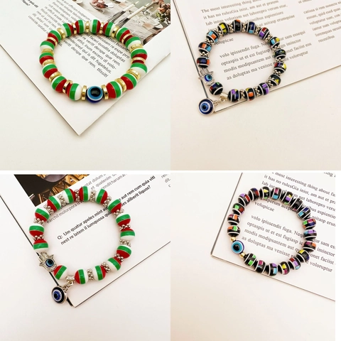 Vintage Ethnic Hamsa Hand Evil Eye Beaded Bracelet For Men Women Resin Hematite Alloy Elastic Lucky Charm Protection Jewelry