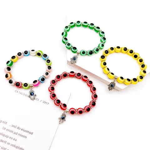 Retro Evil Eye Beaded Bracelet With Hamsa Hand Pendant Colorful Resin Beads Elastic Hand Chain For Women Men Fashion Jewelry
