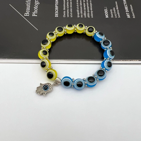 Retro Evil Eye Beaded Bracelet With Hamsa Hand Pendant Colorful Resin Beads Elastic Hand Chain For Women Men Fashion Jewelry