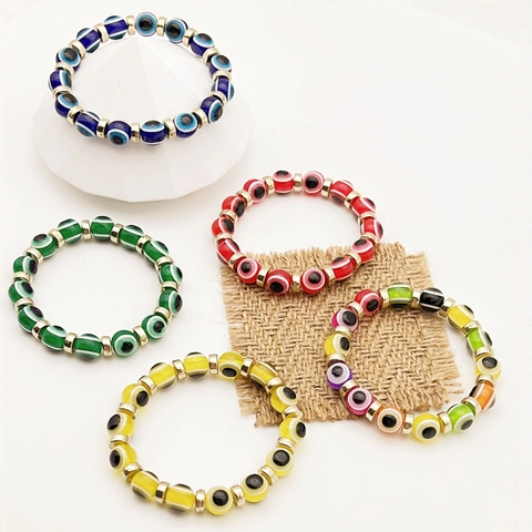Turkish Evil Eye Beaded Bracelet Resin Lucky Protection Gold Plated Spacers Stretch Bracelet Bohemian Jewelry For Women
