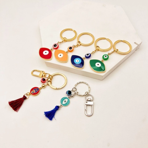 Vintage Evil Eye Keychain For Women Men Hamsa Hand Pendant With Tassel Gold Silver Alloy Enamel Protection Lucky Charm Car Bag Hanging Accessory