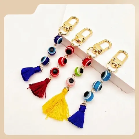 Turkish Evil Eye Keychain With Colorful Glass Beads And Silk Tassels Gold Plated Alloy Charm Pendant For Car Bag Women Gift