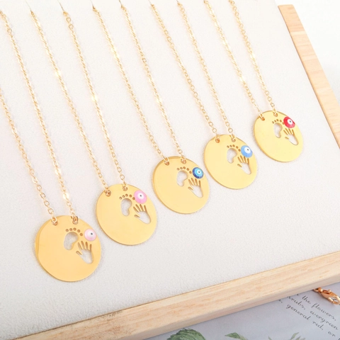 Roestvrij Staal Boze Oog Baby Hand Voetafdruk Opengewerkte Hanger Ketting Verguld Herdenkingssieraden Voor Vrouwen Moeder Cadeau