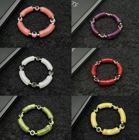 Exotic Evil Eye Beaded Bracelet Resin Acrylic Marble Pattern Gold Spacers Turkish Nazar Amulet Elastic Bracelet For Women