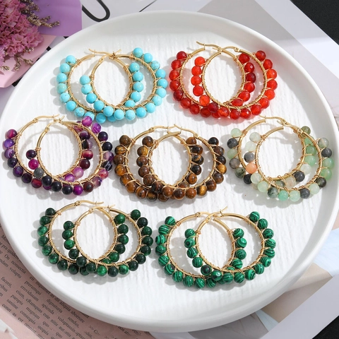 Bohemian Edelstahl Creolen Für Damen Handgefertigte Kupferdraht Wicklung Naturstein Perlen Retro Ethnischen Schmuck Geschenk