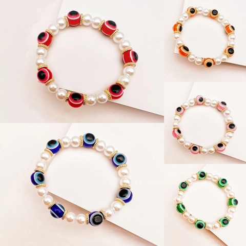 Bracelet Perlé Turc Oeil du Mal Bohème Künstliche Perles en Résine Chaîne à Main Élastique Bijoux Vintage pour Femmes Quotidien