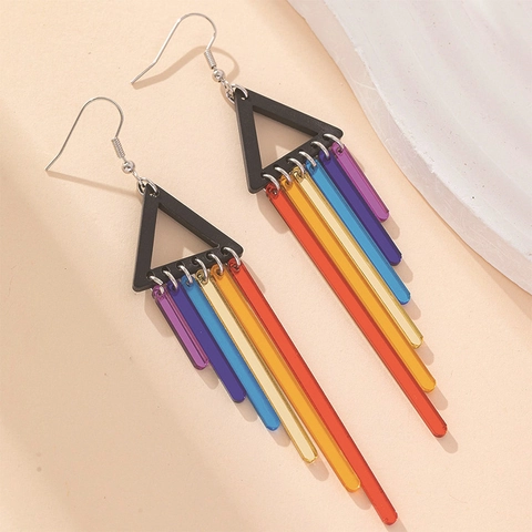 Boho Regenbogen Acryl Quasten Ohrhänger Für Damen Schwarz Geometrisches Dreieck Fransen Ohrringe Modeschmuck Geschenk