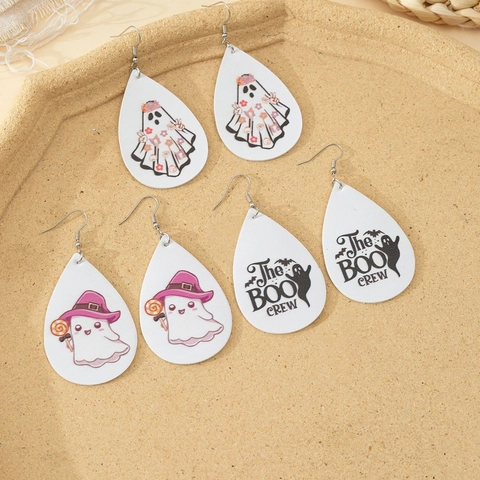 Halloween PU Leer Traanvormige Hangende Oorbellen Voor Vrouwen Leuke Cartoon Geest Pompoen Luipaardprint Schedel Heksenhoed Feestelijke Sieraden