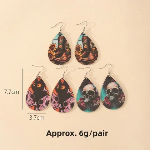Halloween Doppelseitige PU-Leder Ohrhänger Totenkopf Kürbis Katze Muster Gothic Party Schmuck Für Damen