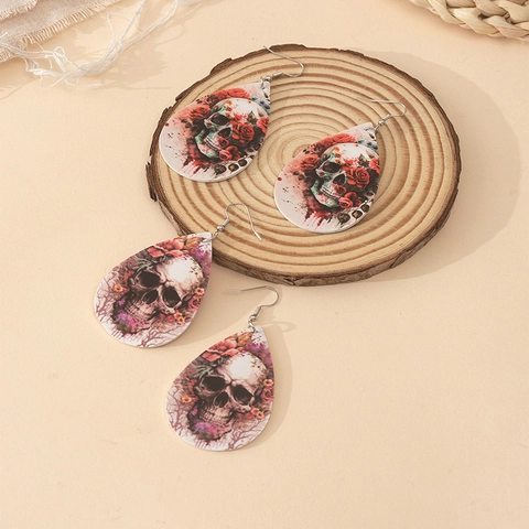 Halloween Tränenform Ohrringe PU-Leder Doppelseitig Bedruckt Totenkopf Kürbis Fledermaus Blume Gotik Retro Ohrringe Für Damen Schmuck
