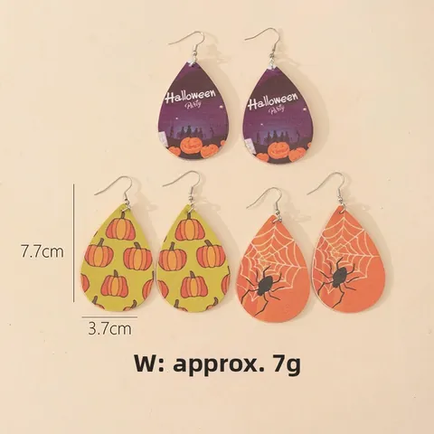 Halloween PU Leder Wassertropfen Ohrringe Set Kürbis Spinnennetz Fledermaus Muster Festliche Ohrhänger Für Damen Schmuck