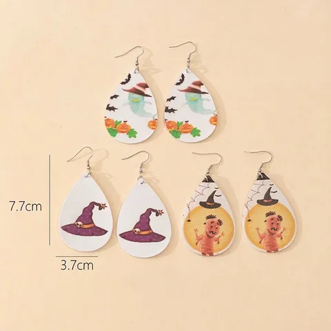 Halloween PU Leather Water Drop Earrings Pumpkin Ghost Witch Pattern Printed Drop Earrings For Women Party Jewelry