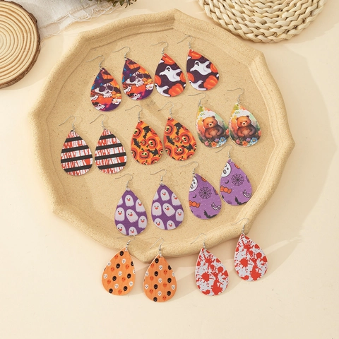 Halloween Faux PU Leather Teardrop Earrings Women Cute Cartoon Skull Pumpkin Ghost Bat Print Festival Drop Dangle Earrings Jewelry
