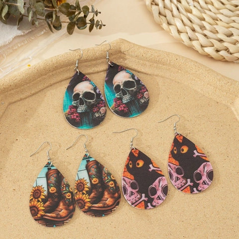 Halloween Doppelseitige PU-Leder Ohrhänger Totenkopf Kürbis Katze Muster Gothic Party Schmuck Für Damen