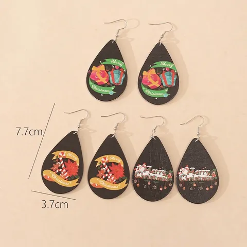 Christmas Wooden Teardrop Earrings Santa Claus Tree Printed Drop Earrings For Women Festival Jewelry Merry Christmas