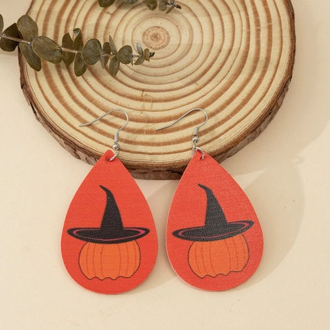 Halloween PU Leder Wassertropfen Ohrringe Set Kürbis Spinnennetz Fledermaus Muster Festliche Ohrhänger Für Damen Schmuck