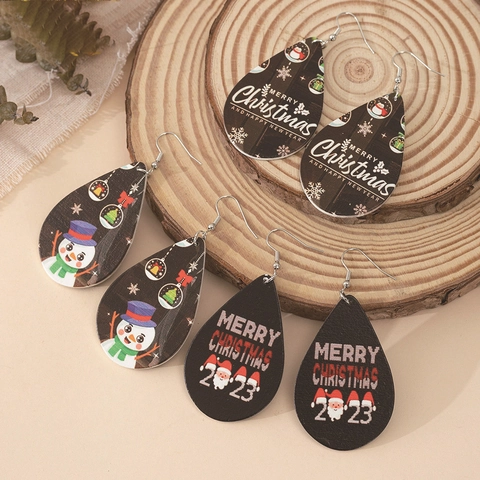Festive Wooden Teardrop Dangle Earrings Santa Claus Snowman Print Christmas Holiday Party Jewelry For Women Daily Decoration