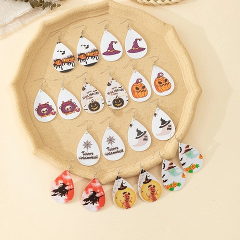 Halloween PU Leather Water Drop Earrings Pumpkin Ghost Witch Pattern Printed Drop Earrings For Women Party Jewelry