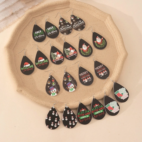 Festive Wooden Teardrop Dangle Earrings Santa Claus Snowman Print Christmas Holiday Party Jewelry For Women Daily Decoration