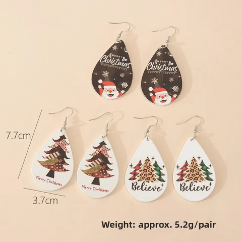 Weihnachten Tropfenohrringe Holz PU Leder Festliche Ohrhänger Für Damen Weihnachtsmann Rentier Gnom Schmuck