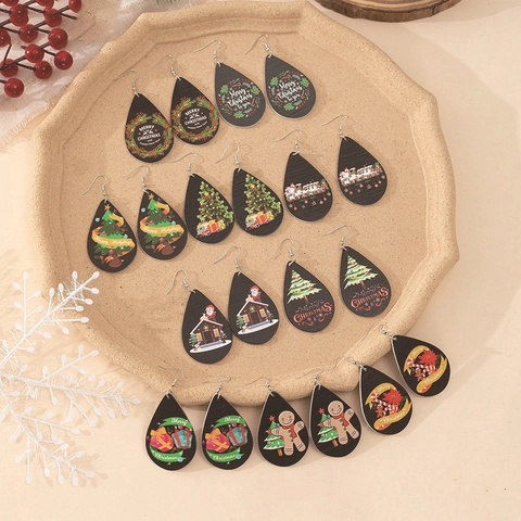Christmas Wooden Teardrop Earrings Santa Claus Tree Printed Drop Earrings For Women Festival Jewelry Merry Christmas
