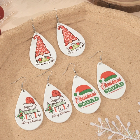 Wooden Christmas Waterdrop Dangle Earrings For Women Santa Snowman Pattern Festive Holiday Jewelry Wood Alloy Hook