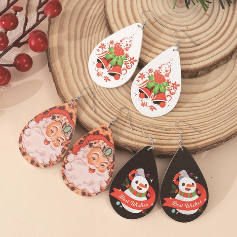 Boucles d'Oreilles de Noël en Forme de Larme en Bois pour Femmes Similicuir Motif Père Noël Bonhomme de Neige Bijoux de Fête