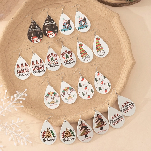 Weihnachten Tropfenohrringe Holz PU Leder Festliche Ohrhänger Für Damen Weihnachtsmann Rentier Gnom Schmuck