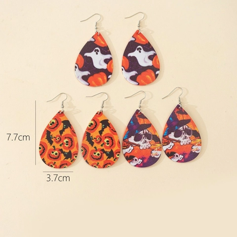 Halloween Faux PU Leather Teardrop Earrings Women Cute Cartoon Skull Pumpkin Ghost Bat Print Festival Drop Dangle Earrings Jewelry