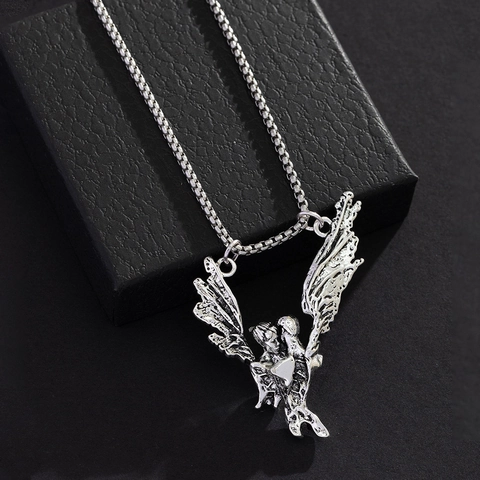 Vintage Angel Wings Couple Pendant Necklace Stainless Steel Box Chain Hip Hop Distressed Silver Jewelry For Men Women