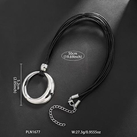 Minimalist Irregular Circle Pendant Alloy Necklace With Black Waxed Cord Unisex Industrial Style Fashion Jewelry Necklaces