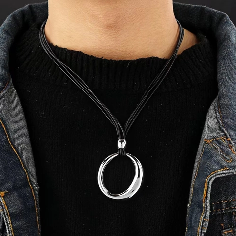 Minimalist Irregular Circle Pendant Alloy Necklace With Black Waxed Cord Unisex Industrial Style Fashion Jewelry Necklaces