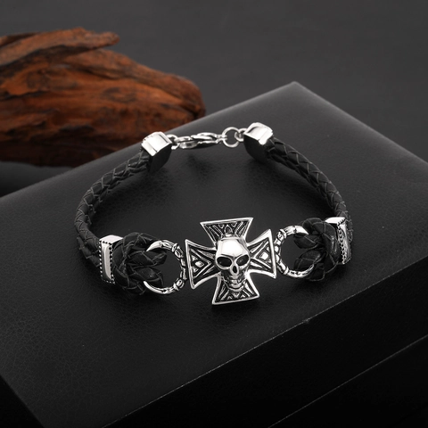 Gothisches Totenkopf-Kreuz-Lederarmband Für Männer Vintage Geflochtene Legierung Punk Motorradfahrer Hip Hop Biker Schmuck Cooles Armband