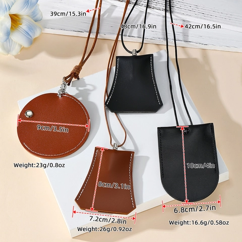 PU Leather Neck Hanging Pouch For Keys Earphones Glasses Portable Minimalist Solid Color Pendant Necklace Storage Bag