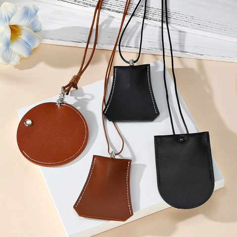 PU Leather Neck Hanging Pouch For Keys Earphones Glasses Portable Minimalist Solid Color Pendant Necklace Storage Bag