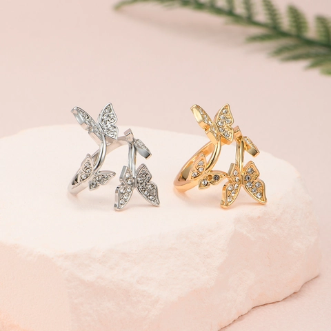 Elegante Legering Zirkonia Vlinder Open Ring Voor Vrouwen Vintage Goud Zilver Verguld Strass Verstelbare Ring Sieraden Cadeau