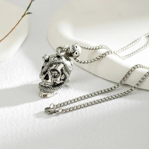 Vintage Punk Gothic Skull Snake Reaper Pendant Necklace For Men Women Stainless Steel Chain Halloween Jewelry Gift