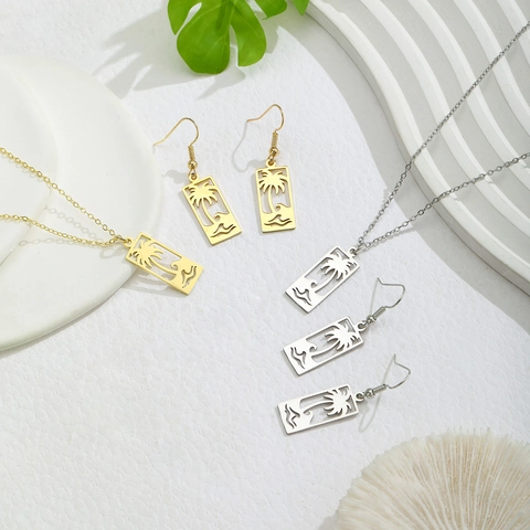 Hohl Ausgeschnitten Kokospalme Meereswelle Geometrischer Anhänger Halskette Ohrring Schmuck Für Damen Tropischen Sommer Strand Insel Stil Legierung Zubehör