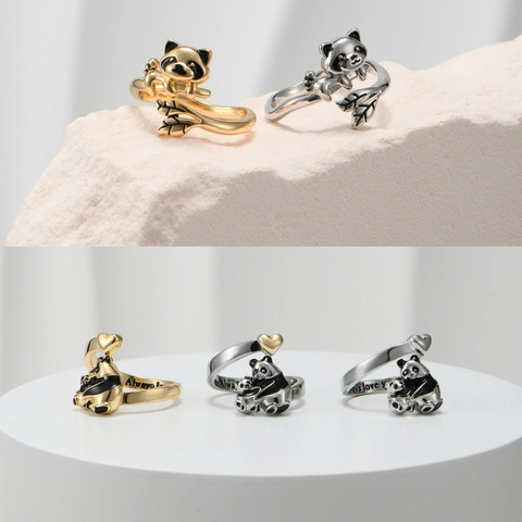 Süßer Tier Panda Waschbär Offener Ring Zinklegierung Emaille Herz Blatt Verstellbarer Fingerring Für Damen Mode Nischenschmuck Geschenk
