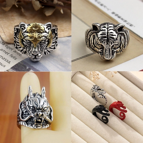 Vintage Punk Legierung Tiger Drache Französische Bulldogge Offener Verstellbarer Ring Für Herren Damen Hip Hop 3D Relief Tierkopf Schmuck Geschenk