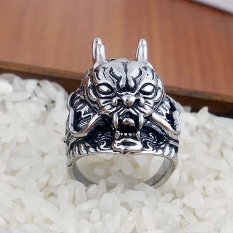 Vintage Punk Legierung Tiger Drache Französische Bulldogge Offener Verstellbarer Ring Für Herren Damen Hip Hop 3D Relief Tierkopf Schmuck Geschenk