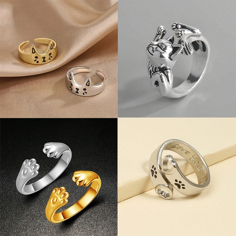 Vintage Legierung Katze Offene Ringe Für Damen Herren Verstellbar Tier Pfote Herz Hohl Ring Mode Schmuck Fingerring Geschenk