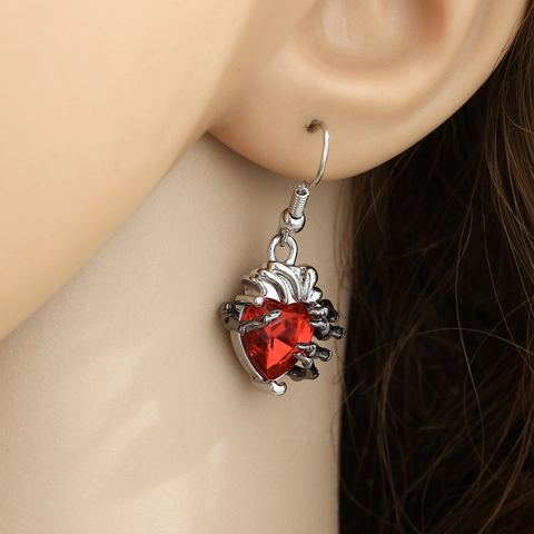 Gothic Skeleton Hand Heart Drop Earrings Alloy Red Zirconia With 925 Sterling Silver Earring Post Halloween Jewelry For Women