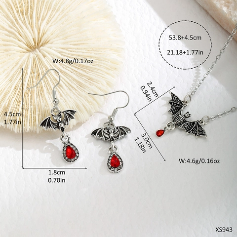 Gothic Fledermaus Roter Edelstein Halskette Ohrringe Legierung Strass Halloween Schmuck Für Damen Party Dunkler Stil