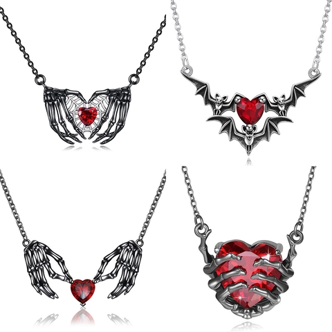 Gothic Punk Legierung Skeletthand Herz Anhänger Halskette Für Damen Herren Vintage Halloween Schmuck Rotes Harz Herz Spinne Mondphasen Schmuck