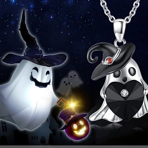 Vintage Gothic Halloween Ghost Pendant Necklace With Black Heart Crystal Witch Hat Alloy Silver Chain Party Jewelry Gift