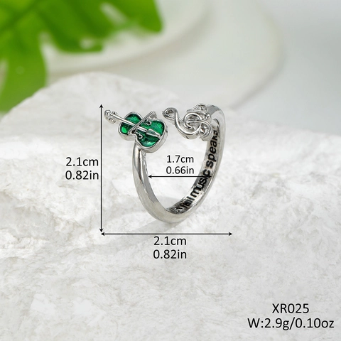 Musiknote Violine Offener Ring Für Damen Herren Versilberte Legierung Grüne Emaille Violinschlüssel Verstellbarer Schmuck Geschenk Fingerring
