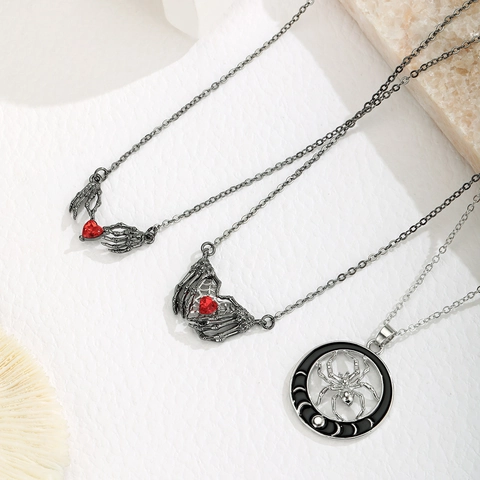 Gothic Punk Legierung Skeletthand Herz Anhänger Halskette Für Damen Herren Vintage Halloween Schmuck Rotes Harz Herz Spinne Mondphasen Schmuck