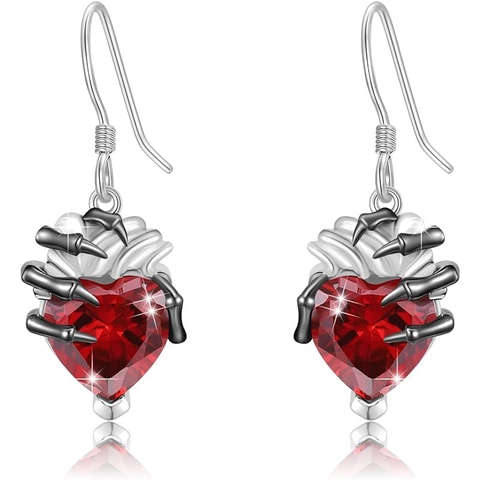 Gothic Skeleton Hand Heart Drop Earrings Alloy Red Zirconia With 925 Sterling Silver Earring Post Halloween Jewelry For Women